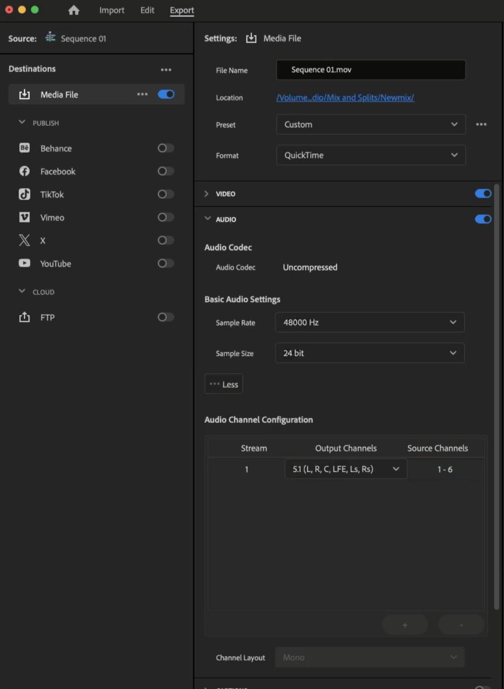 Premiere Pro audio export settings for 5.1: a single stream with Output Channels set to 5.1
