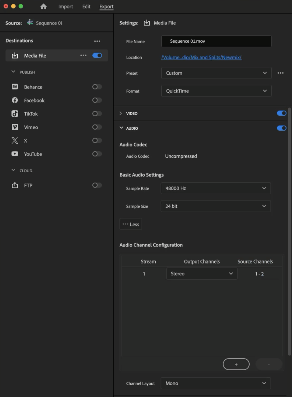 Premiere Pro audio export settings: Uncompressed, 48000 Hz, 24 bit, one stereo stream