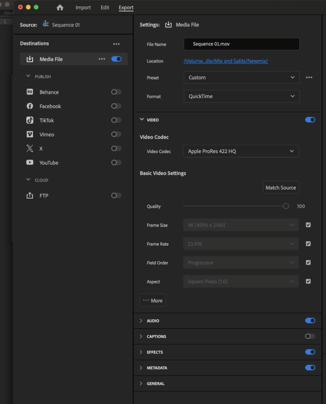 Premiere Pro Export tab set to QuickTime with Apple ProRes 422 HQ and Match Source enabled