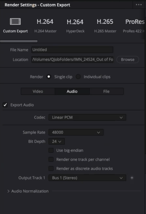 DaVinci Resolve audio render settings: Linear PCM, 24-bit, one stereo output track, per-track options unchecked