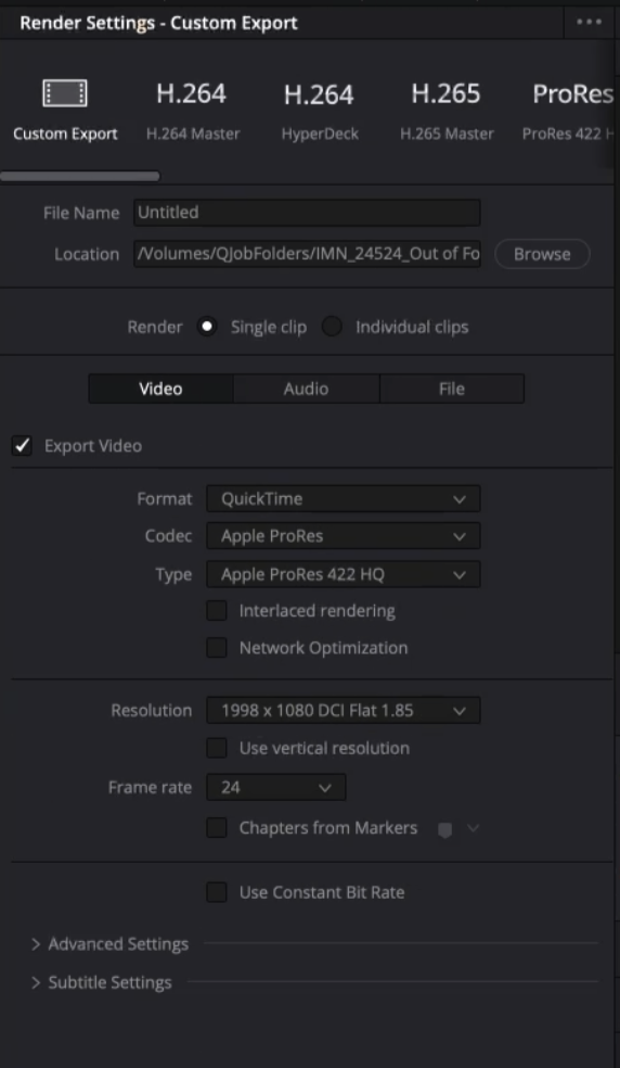 DaVinci Resolve Deliver page video settings: QuickTime, Apple ProRes 422 HQ, single clip