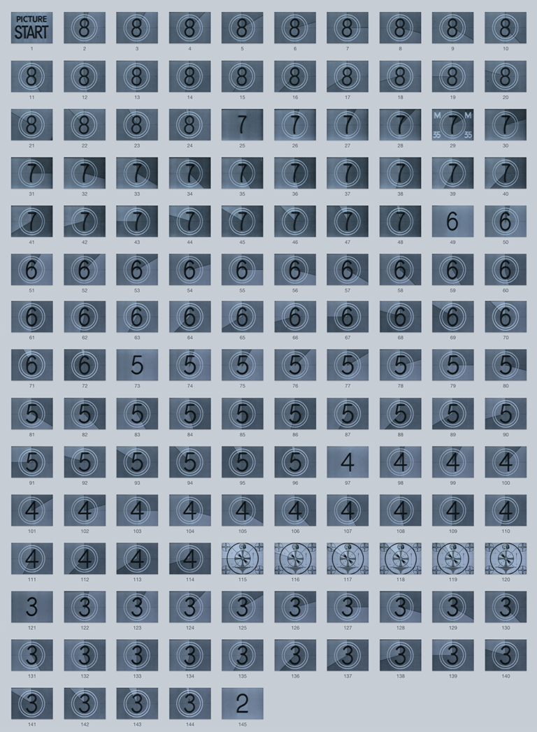 Contact sheet of film countdown leader frames counting down from 8