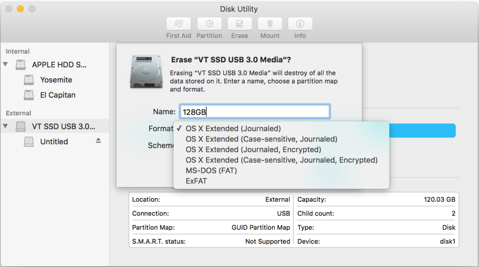Mac Disk Utility erase dialog listing the available formats: OS X Extended variants, MS-DOS FAT, and ExFAT